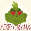 Winter illustration with christmas character, grinch and lettering merry christmas, christmas character.